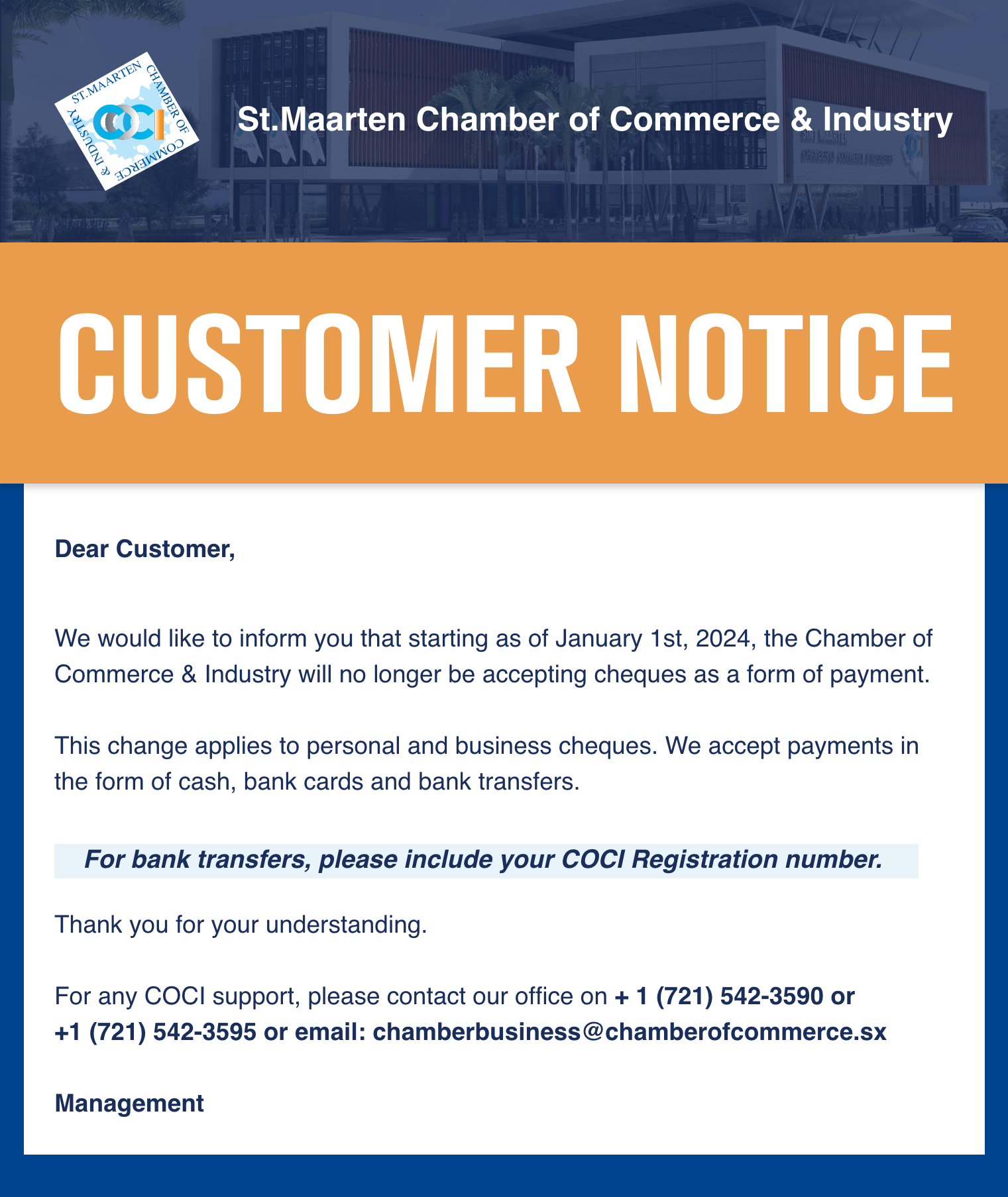 NOTICE: cheques no longer accepted as form of payment